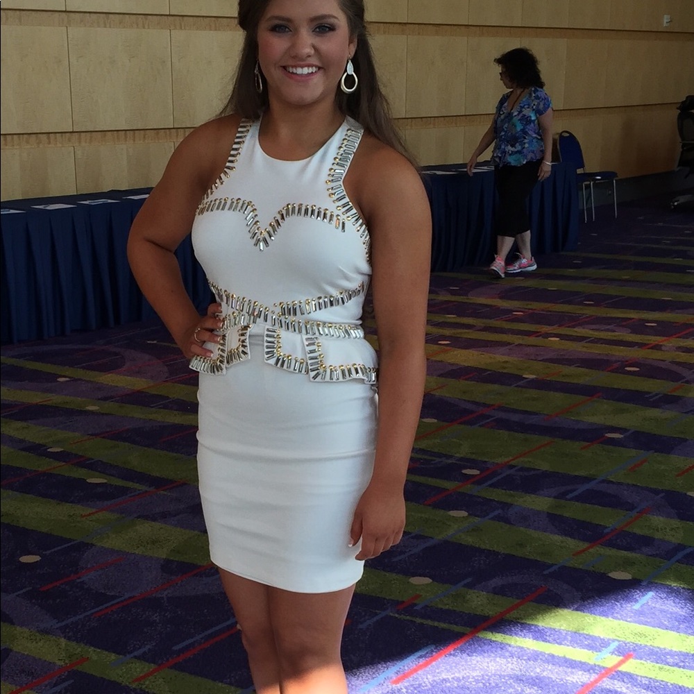 Bebe gold and silver embellished peplum dress